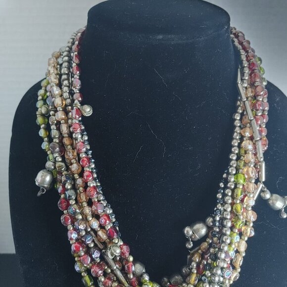 Retro Multi-Strand Denim Multicolor & Silver Tone tube Glass Beads Necklace Boho - Picture 5 of 7